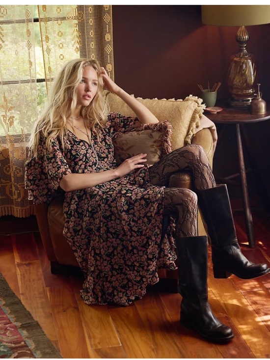 Free People Dresses & Skirts - Free People Elisandra Midi Dress Floral Flutter V-neck Boho Vintage Inspired